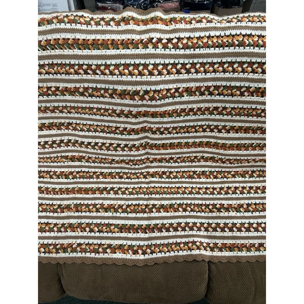 Vintage Crochet Afghan Blanket Throw Fall Brown/Rust/Green/Yellow/Orange 45